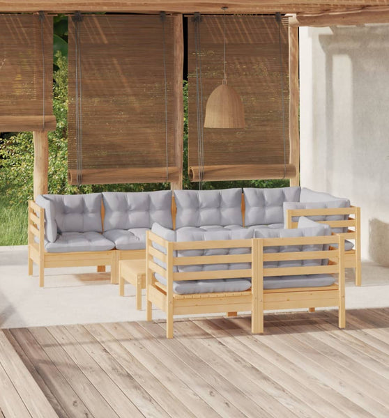 8-tlg. Garten-Lounge-Set mit Grauen Kissen Kiefer Massivholz