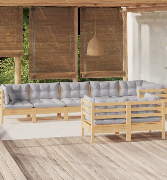 8-tlg. Garten-Lounge-Set mit Grauen Kissen Kiefer Massivholz