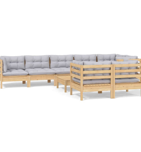 9-tlg. Garten-Lounge-Set mit Grauen Kissen Kiefer Massivholz