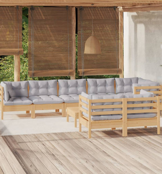 9-tlg. Garten-Lounge-Set mit Grauen Kissen Kiefer Massivholz