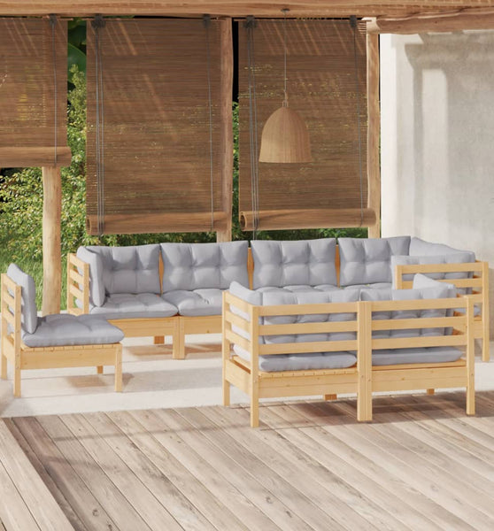 8-tlg. Garten-Lounge-Set mit Grauen Kissen Kiefer Massivholz