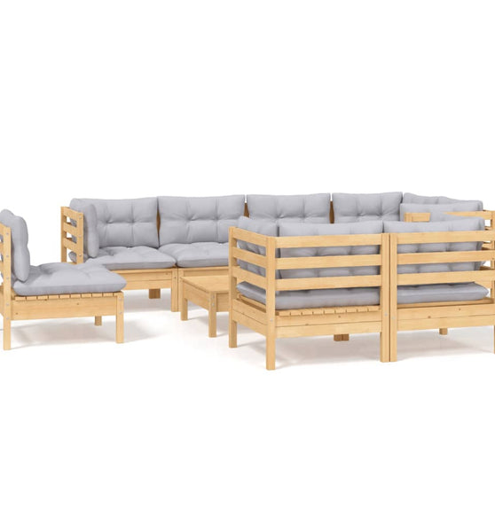 9-tlg. Garten-Lounge-Set mit Grauen Kissen Kiefer Massivholz