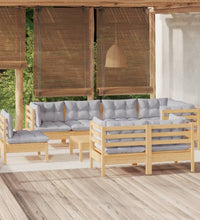 9-tlg. Garten-Lounge-Set mit Grauen Kissen Kiefer Massivholz