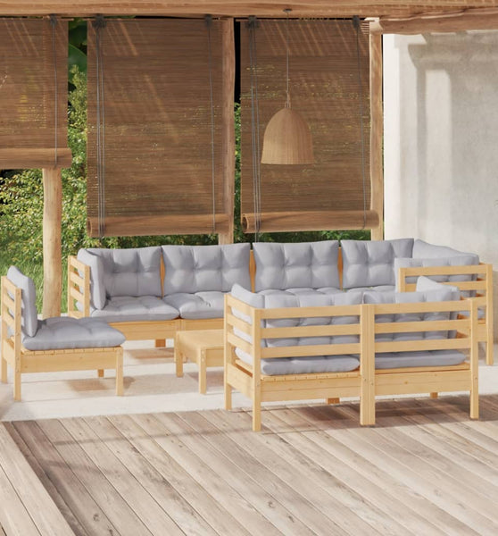 9-tlg. Garten-Lounge-Set mit Grauen Kissen Kiefer Massivholz