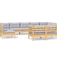 9-tlg. Garten-Lounge-Set mit Grauen Kissen Kiefer Massivholz