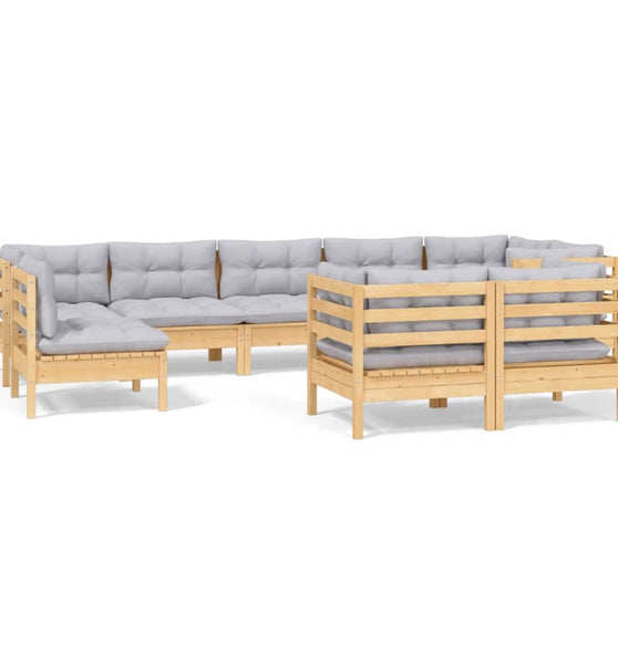 9-tlg. Garten-Lounge-Set mit Grauen Kissen Kiefer Massivholz