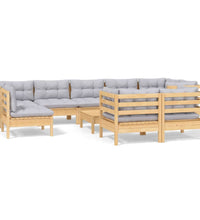 10-tlg. Garten-Lounge-Set mit Grauen Kissen Kiefer Massivholz