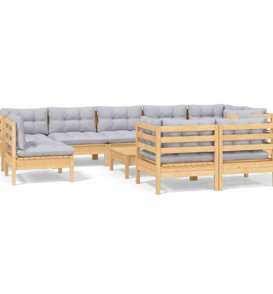 10-tlg. Garten-Lounge-Set mit Grauen Kissen Kiefer Massivholz