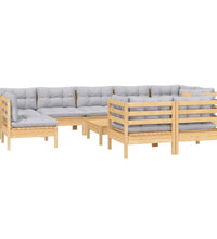 10-tlg. Garten-Lounge-Set mit Grauen Kissen Kiefer Massivholz