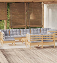 10-tlg. Garten-Lounge-Set mit Grauen Kissen Kiefer Massivholz
