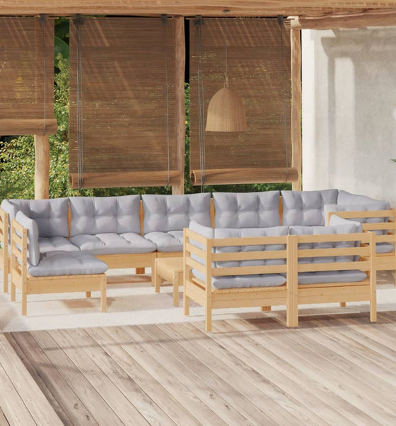10-tlg. Garten-Lounge-Set mit Grauen Kissen Kiefer Massivholz