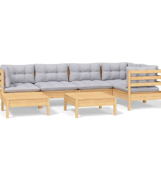 7-tlg. Garten-Lounge-Set mit Grauen Kissen Kiefer Massivholz