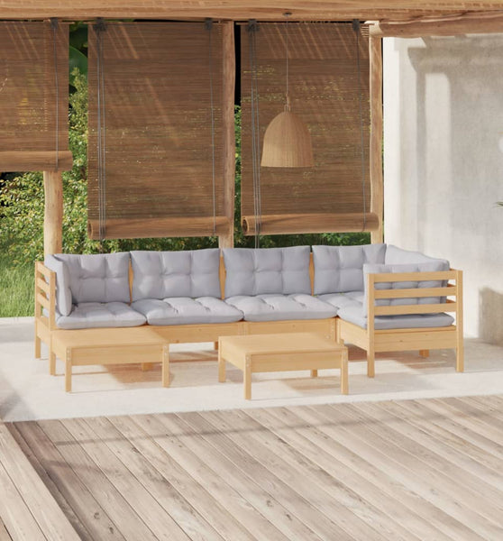 7-tlg. Garten-Lounge-Set mit Grauen Kissen Kiefer Massivholz