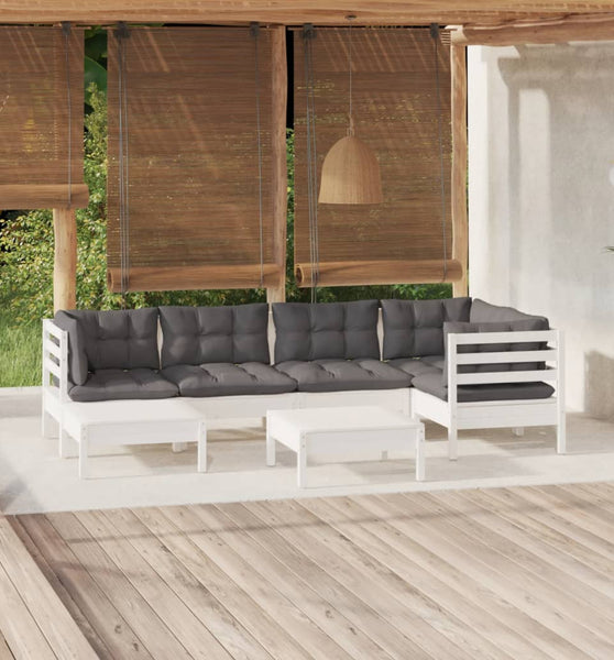 7-tlg. Garten-Lounge-Set mit Kissen Weiß Kiefer Massivholz