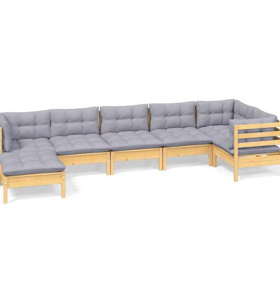 7-tlg. Garten-Lounge-Set mit Grauen Kissen Kiefer Massivholz