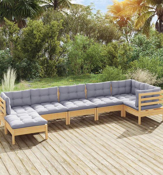 7-tlg. Garten-Lounge-Set mit Grauen Kissen Kiefer Massivholz
