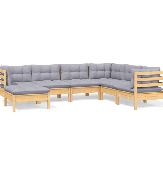 7-tlg. Garten-Lounge-Set mit Grauen Kissen Kiefer Massivholz