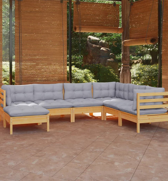 7-tlg. Garten-Lounge-Set mit Grauen Kissen Kiefer Massivholz