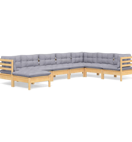 8-tlg. Garten-Lounge-Set mit Grauen Kissen Kiefer Massivholz