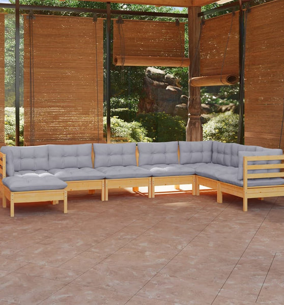 8-tlg. Garten-Lounge-Set mit Grauen Kissen Kiefer Massivholz