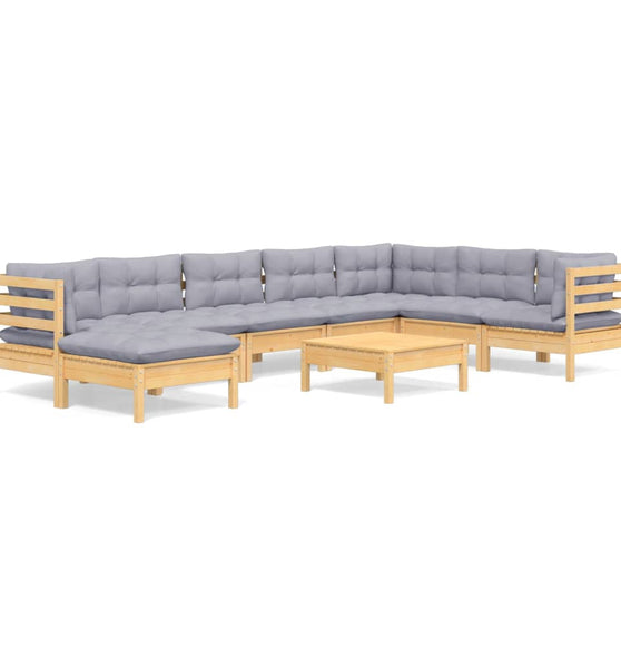 9-tlg. Garten-Lounge-Set mit Grauen Kissen Kiefer Massivholz