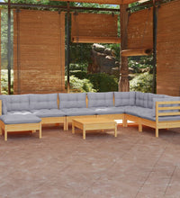 9-tlg. Garten-Lounge-Set mit Grauen Kissen Kiefer Massivholz