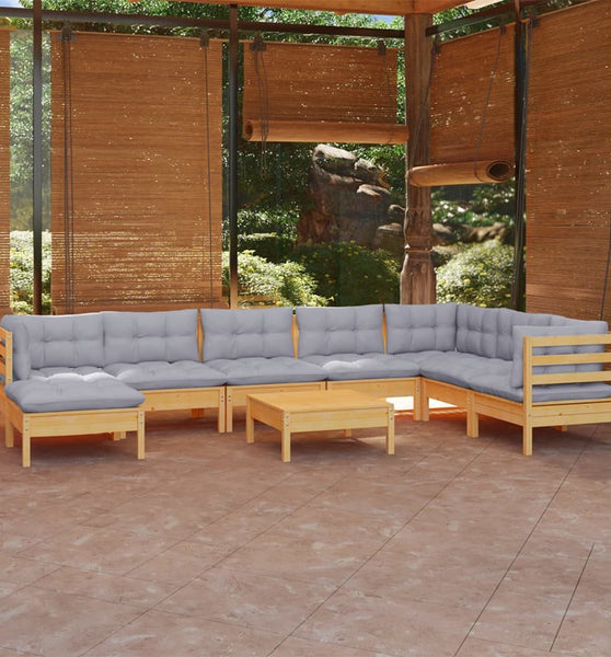9-tlg. Garten-Lounge-Set mit Grauen Kissen Kiefer Massivholz