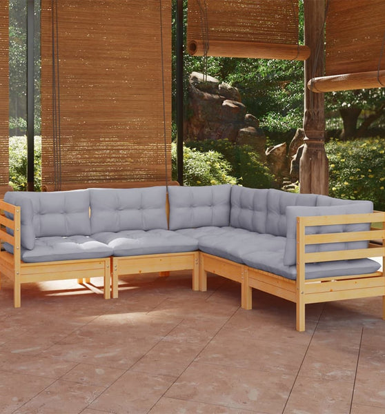 5-tlg. Garten-Lounge-Set mit Grauen Kissen Kiefer Massivholz