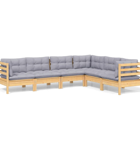 6-tlg. Garten-Lounge-Set mit Grauen Kissen Kiefer Massivholz
