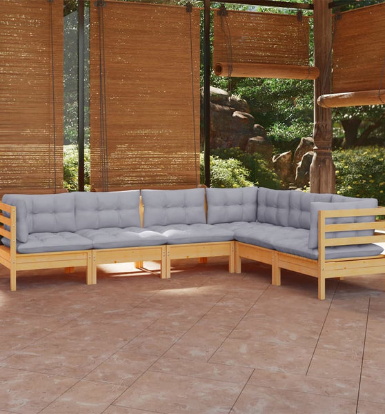 6-tlg. Garten-Lounge-Set mit Grauen Kissen Kiefer Massivholz