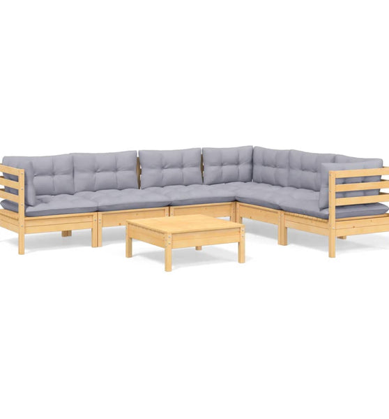 7-tlg. Garten-Lounge-Set mit Grauen Kissen Kiefer Massivholz