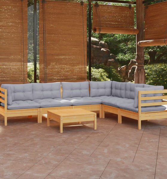 7-tlg. Garten-Lounge-Set mit Grauen Kissen Kiefer Massivholz