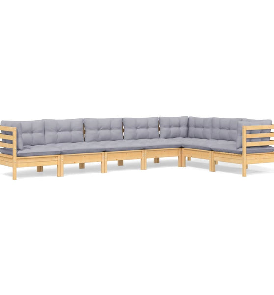 7-tlg. Garten-Lounge-Set mit Grauen Kissen Kiefer Massivholz