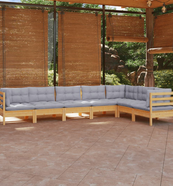 7-tlg. Garten-Lounge-Set mit Grauen Kissen Kiefer Massivholz