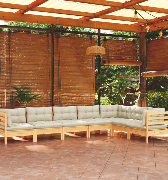 7-tlg. Garten-Lounge-Set mit Creme Kissen Massivholz Kiefer