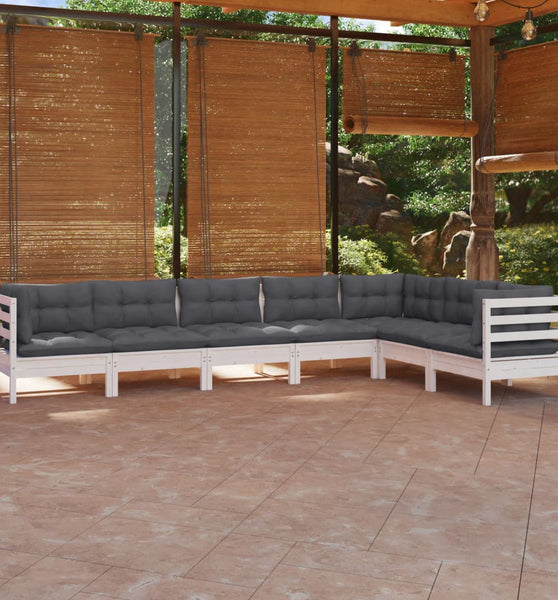 7-tlg. Garten-Lounge-Set mit Kissen Weiß Kiefer Massivholz