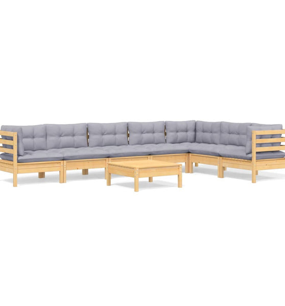8-tlg. Garten-Lounge-Set mit Grauen Kissen Kiefer Massivholz