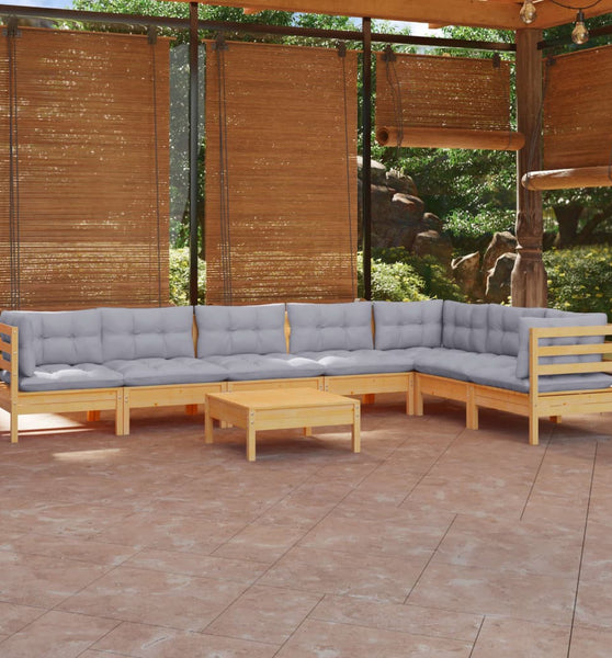 8-tlg. Garten-Lounge-Set mit Grauen Kissen Kiefer Massivholz
