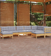 9-tlg. Garten-Lounge-Set mit Grauen Kissen Kiefer Massivholz