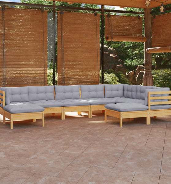 9-tlg. Garten-Lounge-Set mit Grauen Kissen Kiefer Massivholz