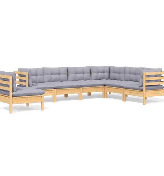 7-tlg. Garten-Lounge-Set mit Grauen Kissen Kiefer Massivholz