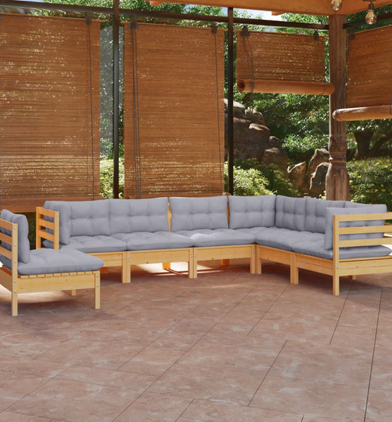 7-tlg. Garten-Lounge-Set mit Grauen Kissen Kiefer Massivholz