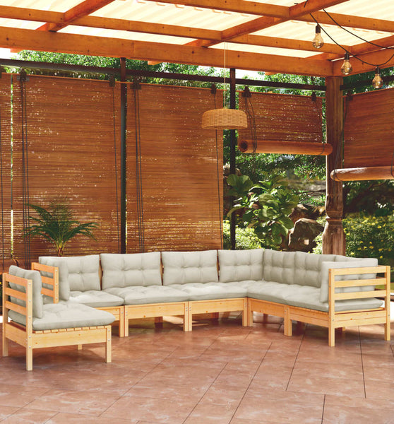 7-tlg. Garten-Lounge-Set mit Creme Kissen Massivholz Kiefer