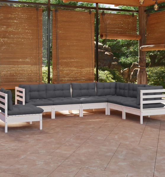 7-tlg. Garten-Lounge-Set mit Kissen Weiß Kiefer Massivholz
