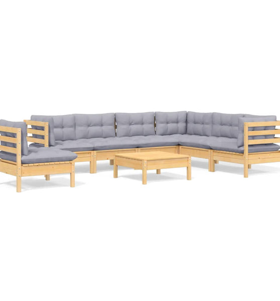 8-tlg. Garten-Lounge-Set mit Grauen Kissen Kiefer Massivholz
