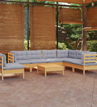 8-tlg. Garten-Lounge-Set mit Grauen Kissen Kiefer Massivholz