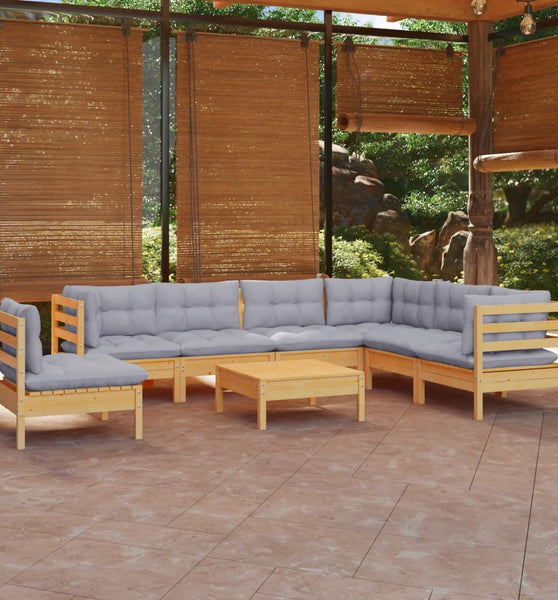 8-tlg. Garten-Lounge-Set mit Grauen Kissen Kiefer Massivholz