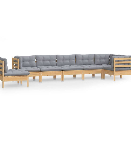 8-tlg. Garten-Lounge-Set mit Grauen Kissen Kiefer Massivholz