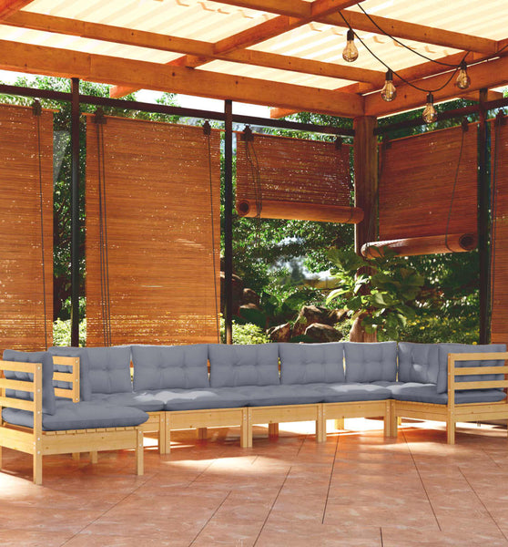 8-tlg. Garten-Lounge-Set mit Grauen Kissen Kiefer Massivholz