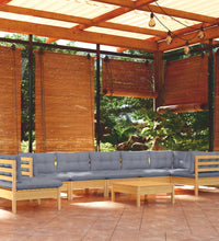 9-tlg. Garten-Lounge-Set mit Grauen Kissen Kiefer Massivholz
